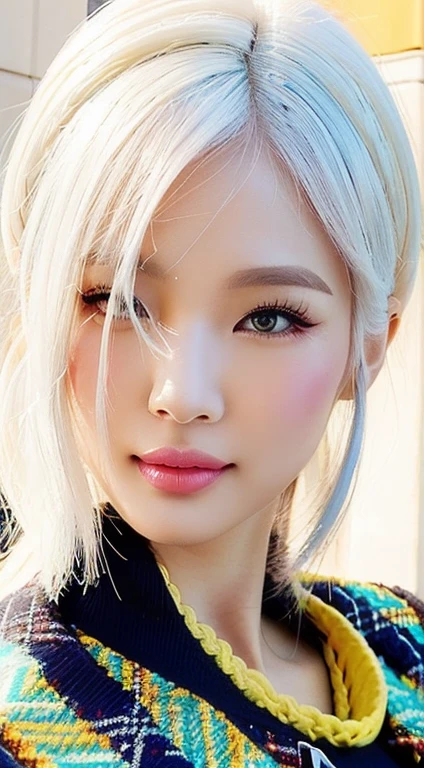A close-up of a woman with white hair and a plaid jacket, rossdraws vibrant cartoons, rossdraws | afrofuturism, Style Ross Tran, Ross draws a portrait, :: rossdraws, trend in artstration, In the style of Ross Tran, rossdibuja 2. 0, rossdraws 1. 0, RossDraws Vibrant Pastel, rossdibuja 2. 5