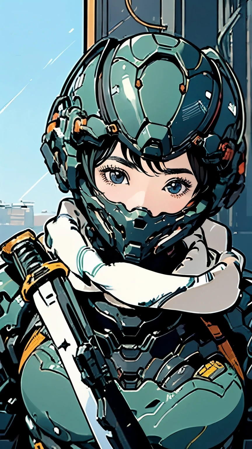 Android Ninja Suit、Close-up of face、solo、Beautiful woman、Black Hair、Bobcut、Looking up at the sky、Scarf、Carrying a sword、Holding a shield、Moderate bust、scenery、The future will、、Mecha Ninja、Urban camouflage、Half helmet、masterpiece、Highest quality