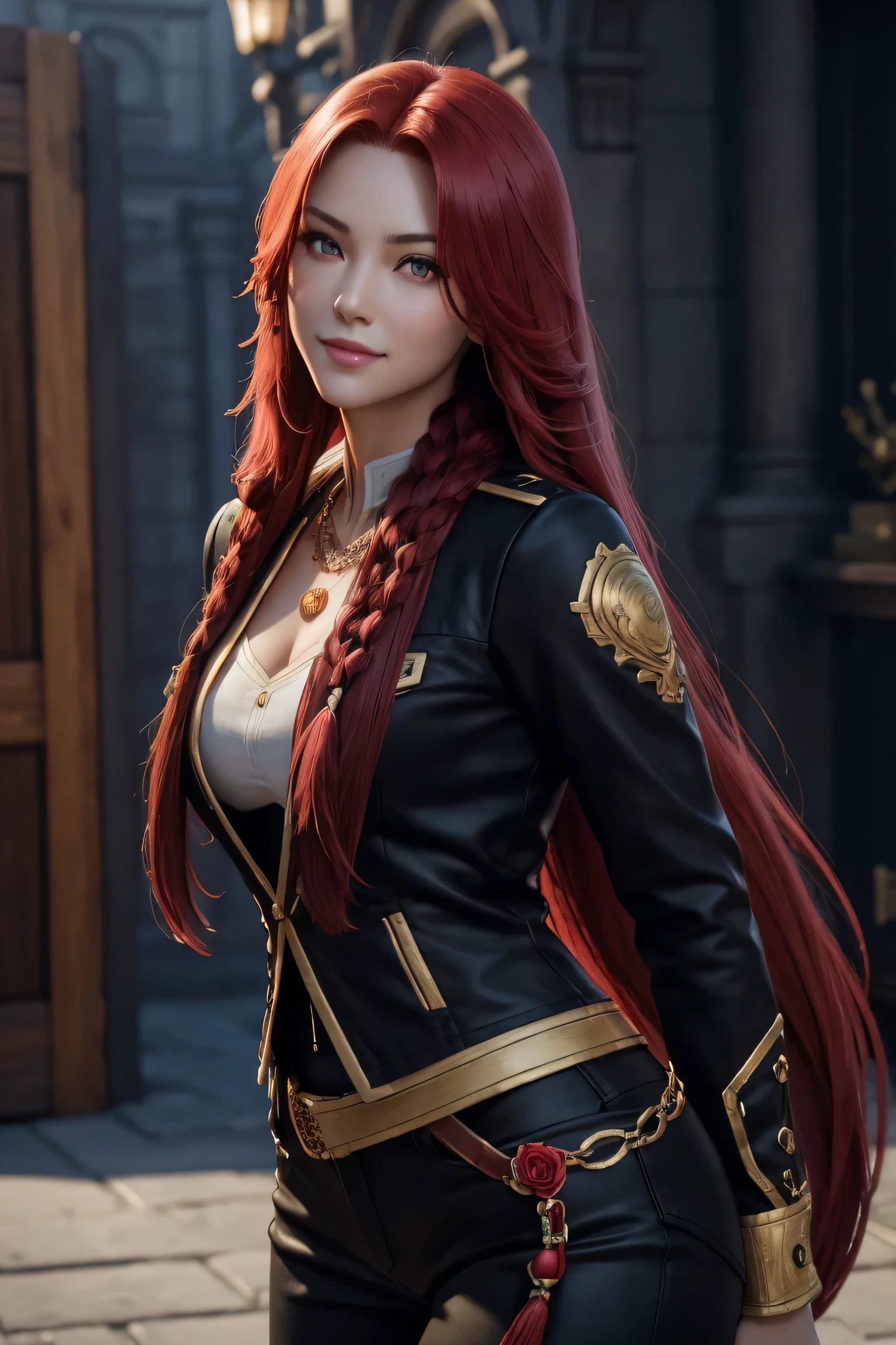 I want to be a powerful figure behind the scenes！,Iris Midgar,Red hair,long hair,Outside flip,with a single braid on one side only,Red eyes,Red Eyes,Beautiful white skin,Black and gold jacket,Black shirt,White long pants,Sapphire necklace,Photorealistic,Ultra HD,high quality,masterpiece,Digital SLR,Detailed details,Intricate details,Anatomical basis,Depicted in detail,A detailed face,Realistic skin texture,Vivid details,Perfect Anatomy,Perfect Anatomy,Anatomically correct hand,Anatomically correct fingers,Super Detail,Complex 3D rendering,The worldview of a fantasy with sexy poses,In the great outdoors,Petals of roses dance,Picturesque,Pink Lips,smile,