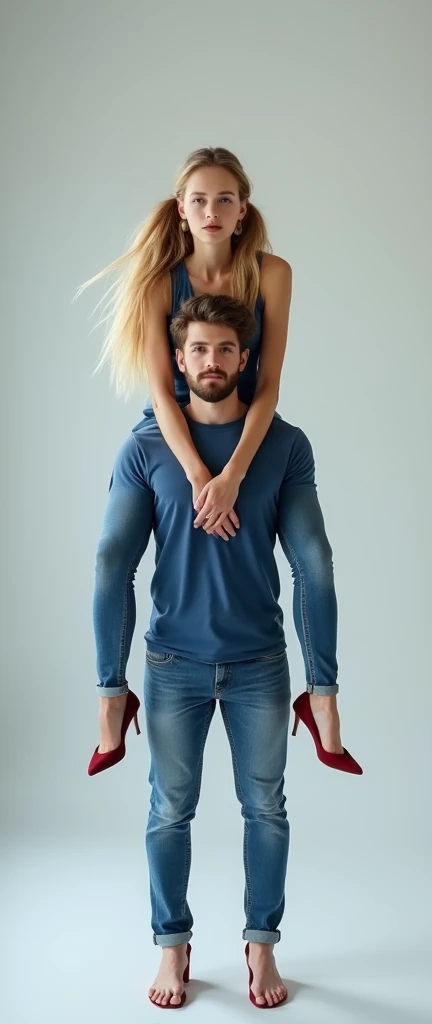 A photograph of a teenage, strong woman with long, blonde hair in pig tails, wearing a fitted, casual blue dress with high heels. She is confidently holding a man on her shoulders, his legs dangling as he appears relaxed and comfortable. The man has a beard and is dressed casually in jeans and a blue shirt. The background is a plain, light-colored studio setting with soft, even lighting that highlights the subjects without any harsh shadows.