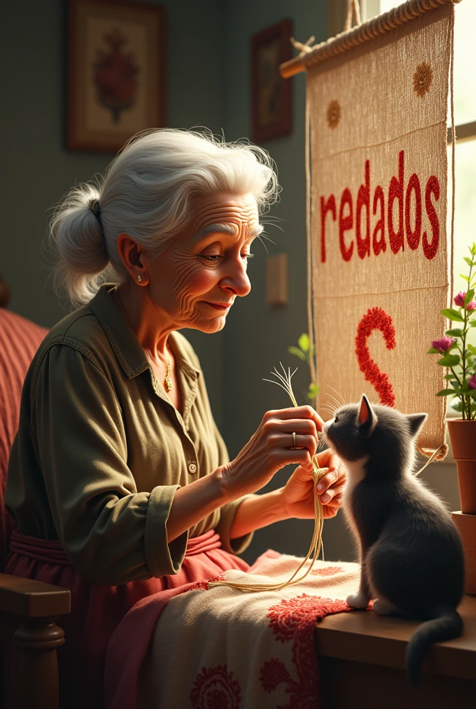 A grandmother weaving the word "redados" and a cat taking apart the s