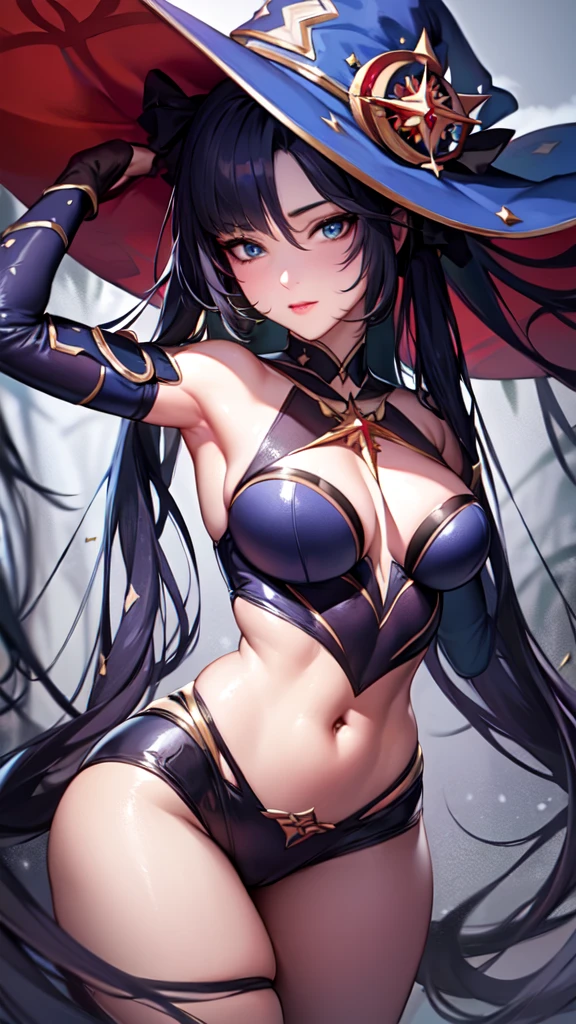 mona, blue eyes, hair between eyes, twintails, very long hair, purple hair, hat, (small breast:1.2, big hips:1.2), witch hat, , (full body), (masterpiece), (best quality), ultra high res, ultra detailed, detailed eyes, intricate, 1girl, looking at viewer, collarbone, ((big hips, tight clothes, cleavage, looking at the viewer)), (abs:0.8), blushed, (realistic:1.2), (realism), (masterpiece:1.2), (best quality), (ultra detailed), (8k, 4k, intricate), (85mm), light particles, lighting, (highly detailed:1.2), (detailed face:1.2), (gradients), colorful, (detailed eyes:1.2), (detailed background), detailed landscape, (dynamic angle:1.2), (rule of third_composition:1.3), (Line of action:1.2), seducing pose,