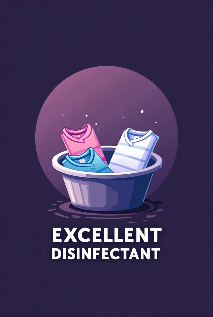 creation d'un logo avec le nom de excellente désinfectant avec l'image des vêtements dans une cuvette de fond mauve foncé 