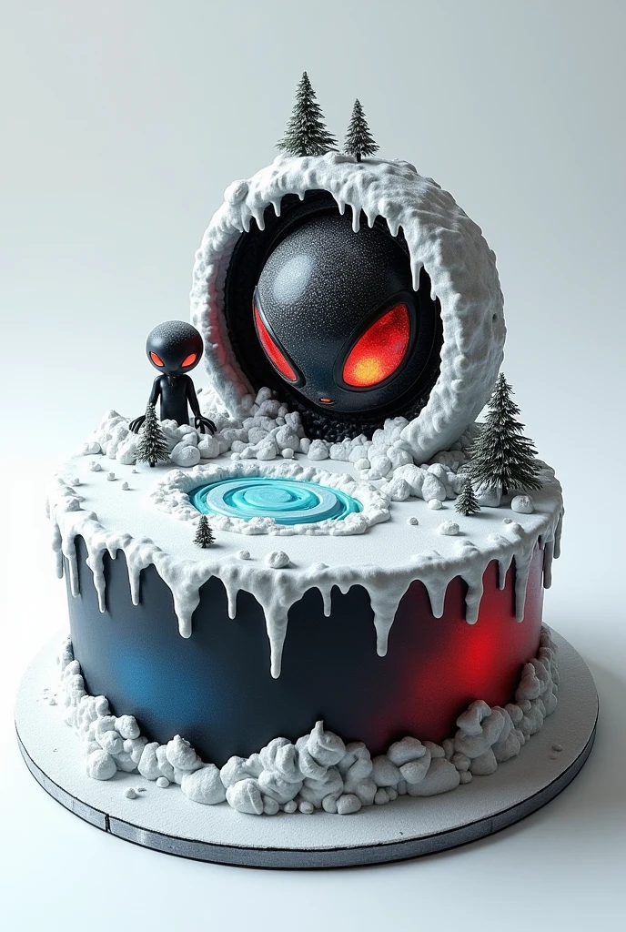 create an image of a white snow cake with black and some red, circular, with skrillex theme, DUBSTEP, that has the name of skrillex from its logo and the alien from its album, single story, and with the edges decorated with snow, like the ones on pinterest