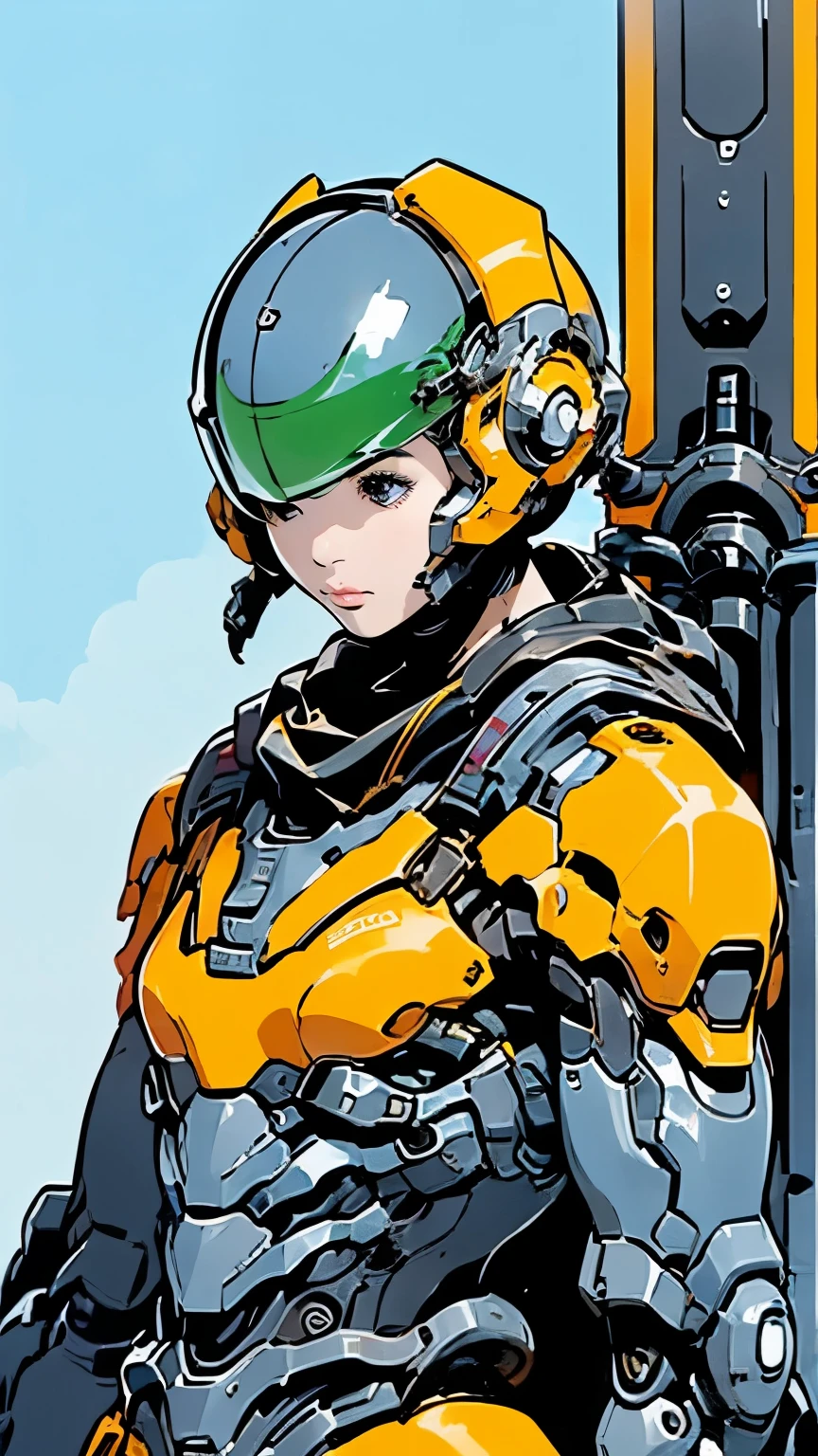 Android Ninja Suit、Upper Body、Close-up、solo、Beautiful woman、Black Hair、Bobcut、Looking up at the sky、Scarf、Carrying a sword、Holding a shield、Moderate bust、Dynamic composition、scenery、The future will、、Mecha Ninja、Urban camouflage、Half helmet、masterpiece、Highest quality