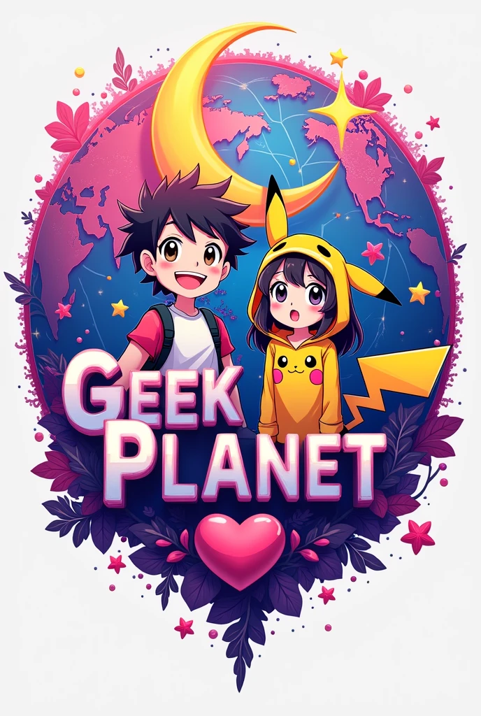 A logo with a world in the background, the pink and purple crescent moon and star heart symbol in the upper left corner in vivid colors, one or two anime figures, a boy and a girl with Pikachu t-shirts and a One Piece hat,  and have the name geek planet in the middle 