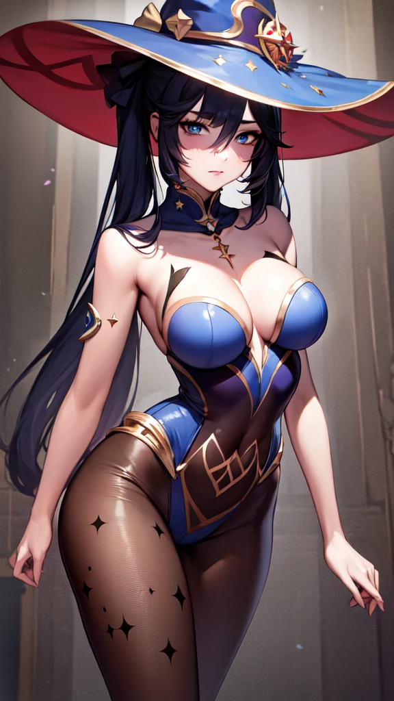 mona, blue eyes, hair between eyes, twintails, very long hair, purple hair, hat, (small breast:1.2, big hips:1.2), witch hat, , (full body), (masterpiece), (best quality), ultra high res, ultra detailed, detailed eyes, intricate, 1girl, looking at viewer, collarbone, ((big hips, tight clothes, cleavage, looking at the viewer)), (abs:0.8), blushed, (realistic:1.2), (realism), (masterpiece:1.2), (best quality), (ultra detailed), (8k, 4k, intricate), (85mm), light particles, lighting, (highly detailed:1.2), (detailed face:1.2), (gradients), colorful, (detailed eyes:1.2), (detailed background), detailed landscape, (dynamic angle:1.2), (rule of third_composition:1.3), (Line of action:1.2), seducing pose,