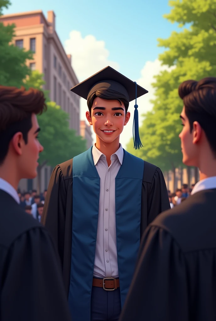 I want a picture of a Latino boy in his youth with straight dark brown hair, wearing a graduation gown. He is at a university graduating talking to other guys around.