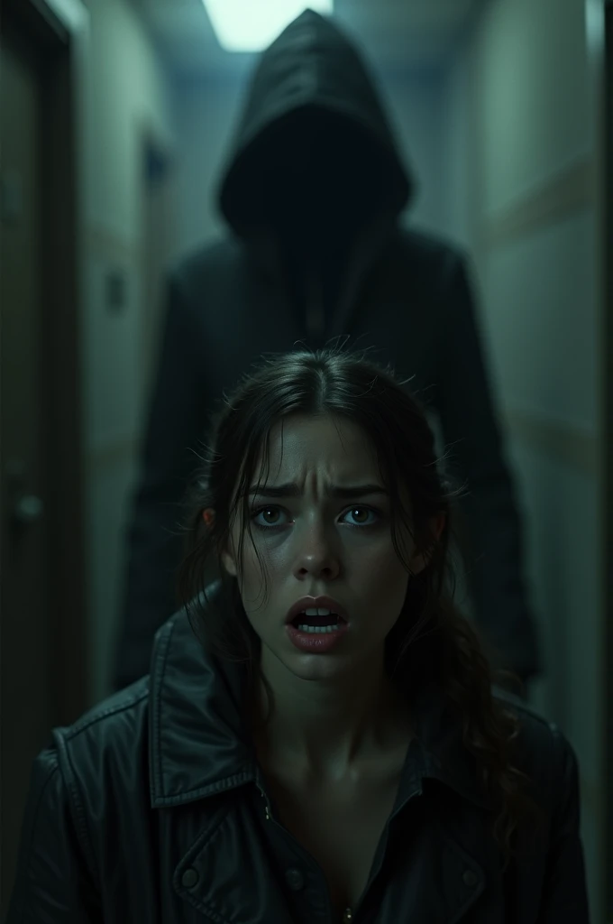 A very scared woman with the black silhouette of a person behind her in an atmosphere of terror, all realistic