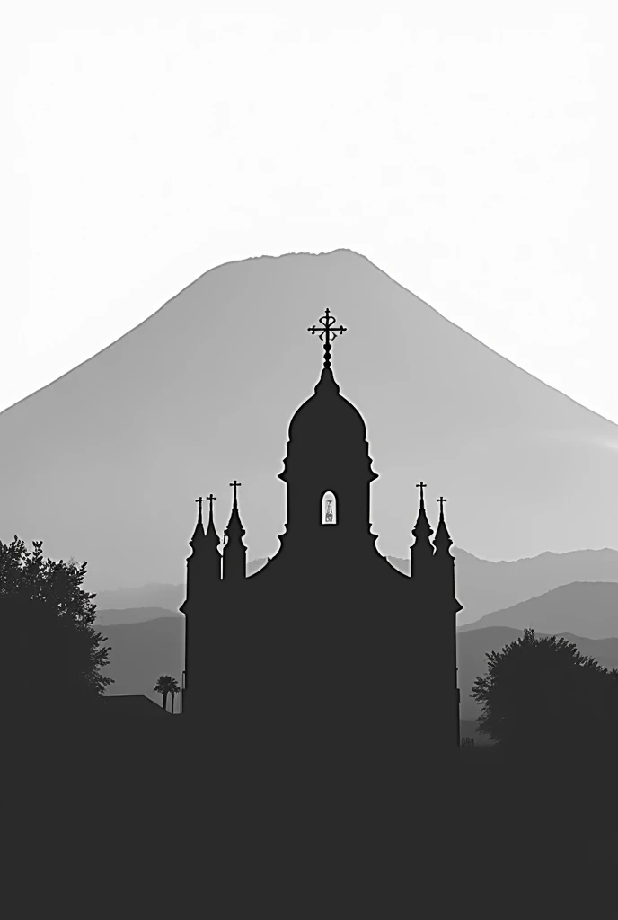 Put only the outline of the hill of Zempoala or Zempoaltepetl hill with 20 peaks that is located in Huauchinango Puebla and in front of it the outline of the church that has the third largest dome above the cross that is in Huauchinango Puebla black and white