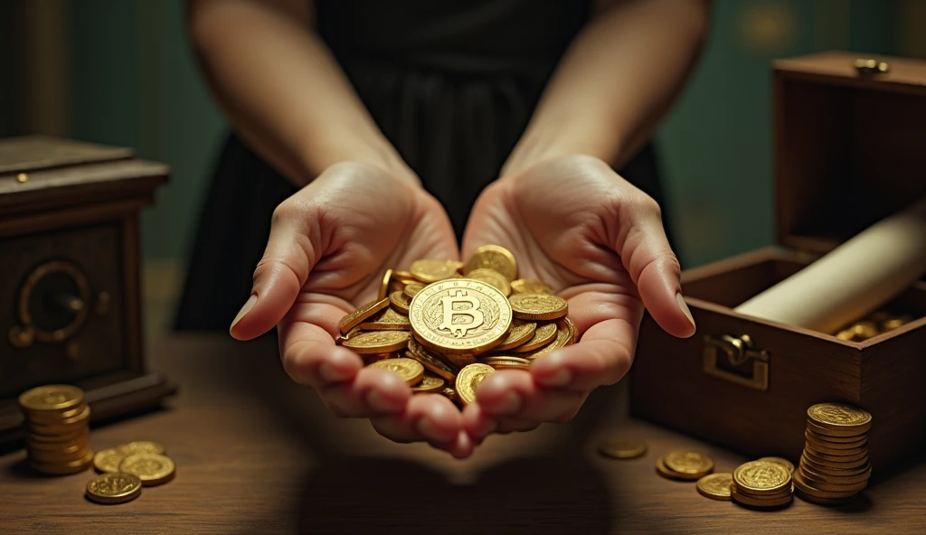 Create a hyper-realistic and mysterious image of a female hand holding a gold coin, while the other hand holds a rolled up parchment, symbolizing the choice between material wealth and wisdom. The background should be softly blurred, showing just a glimpse of an open safe filled with coins and a simple wooden chest partially opened, revealing the parchment inside. Lighting should be soft and golden, creating an atmosphere of decision and mystery, with a focus on choice that reflects the teaching that wisdom is more valuable than gold.