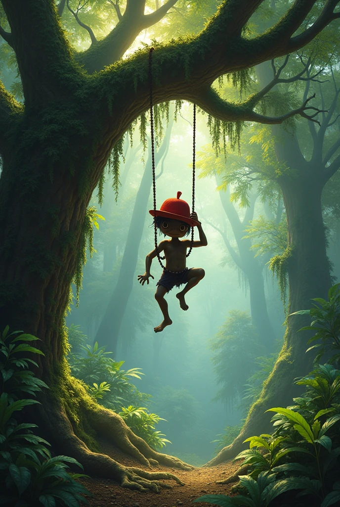 Saci Pererê hanging from a tree 