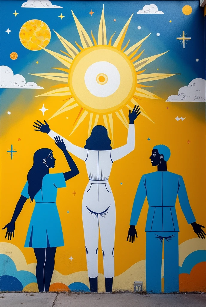 school mural, colors yellow blue and white,  with drawings about transcendence and autonomy