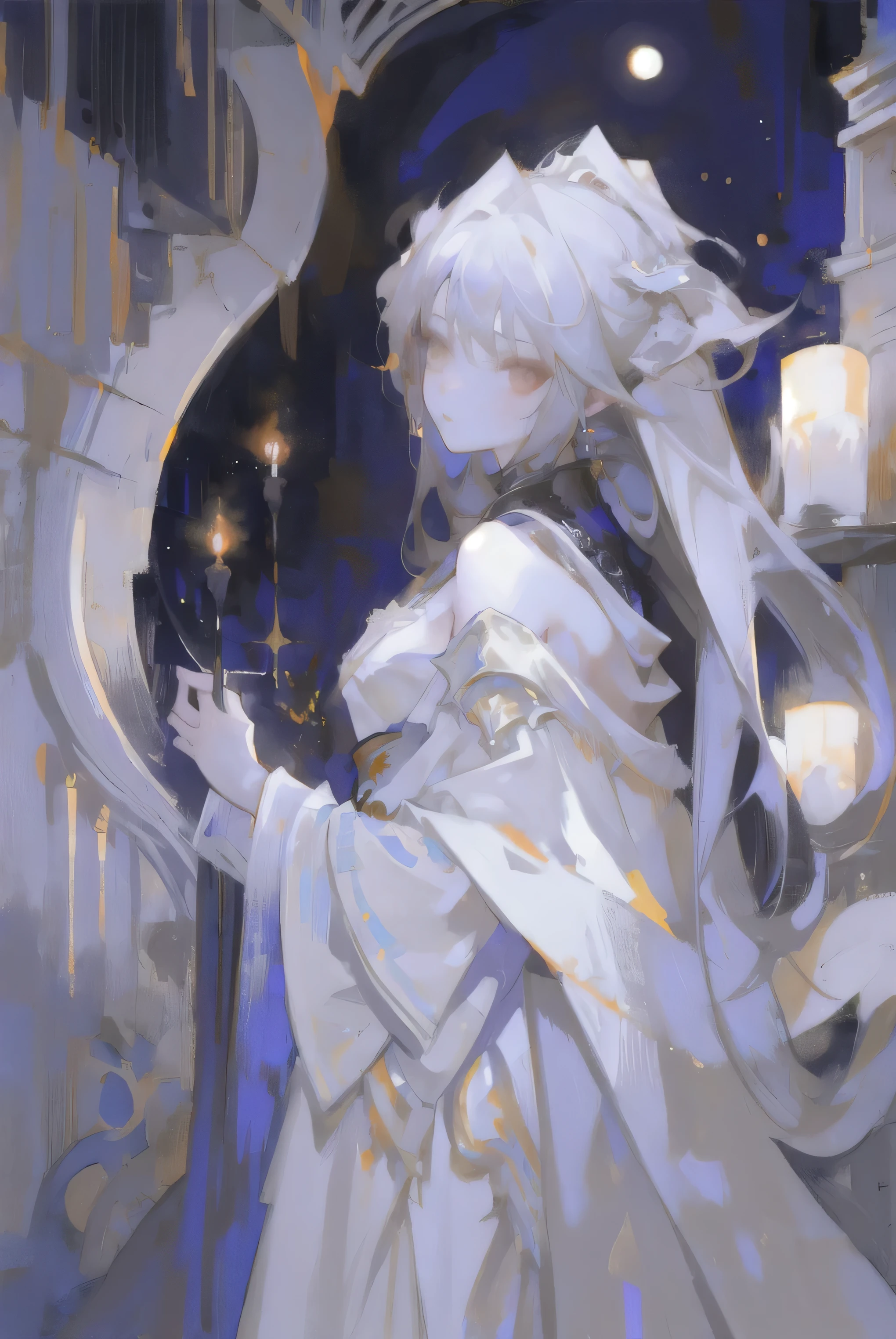 (Style by NTY:1.4), female, dark, mature, under the moonlight, in heavy white robes, intricate, looking up at the sky, tan skin, long shot