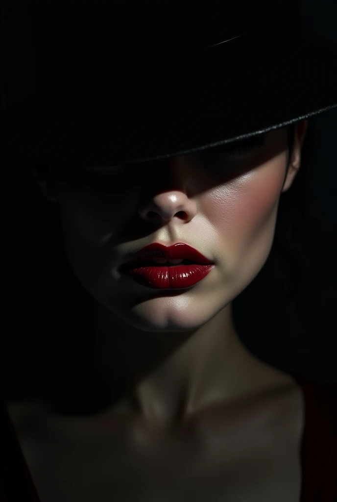 A mysterious face in the dark of a femme fatale wearing a hat  