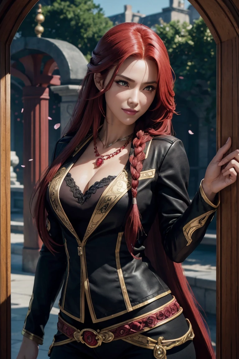 I want to be a powerful figure behind the scenes!,Iris Midgar,Red hair,long hair,Outside flip,with a single braid on one side only,Red eyes,Red Eyes,Beautiful white skin,Black and gold jacket,Black shirt,White long pants,Sapphire necklace,Photorealistic,Ultra HD,high quality,masterpiece,Digital SLR,Detailed details,Intricate details,Anatomical basis,Depicted in detail,A detailed face,Realistic skin texture,Vivid details,Perfect Anatomy,Perfect Anatomy,Anatomically correct hand,Anatomically correct fingers,Super Detail,Complex 3D rendering,The worldview of a fantasy with sexy poses,In the great outdoors,Petals of roses dance,Picturesque,Pink Lips,smile,