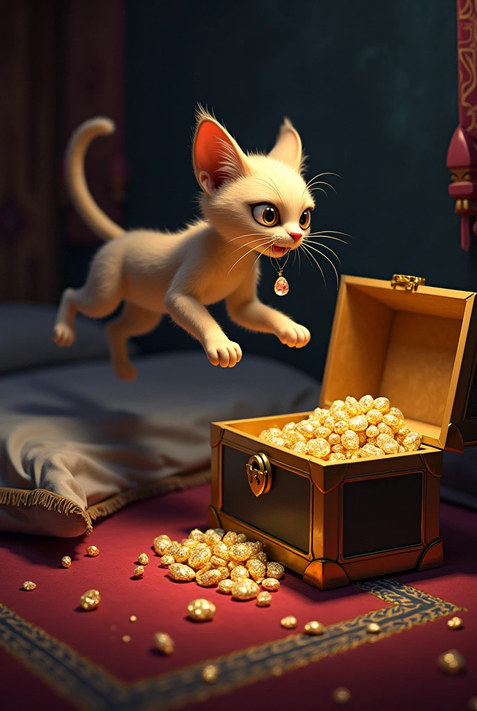### 4. **The Sandcat in Action**
*Show the Sandcat in action, inside Malik's tent, under the cover of darkness. He is mid-leap, his form a blur of motion, as he expertly bypasses the locks on the chest of jewels. The interior of the tent is richly decorated, with fine carpets and luxurious pillows, and the chest is filled with sparkling jewels. The Sandcat’s eyes glint with a cunning intelligence as he delicately picks up a single, flawless ruby in his mouth. Malik lies asleep nearby, unaware of the silent heist taking place.*