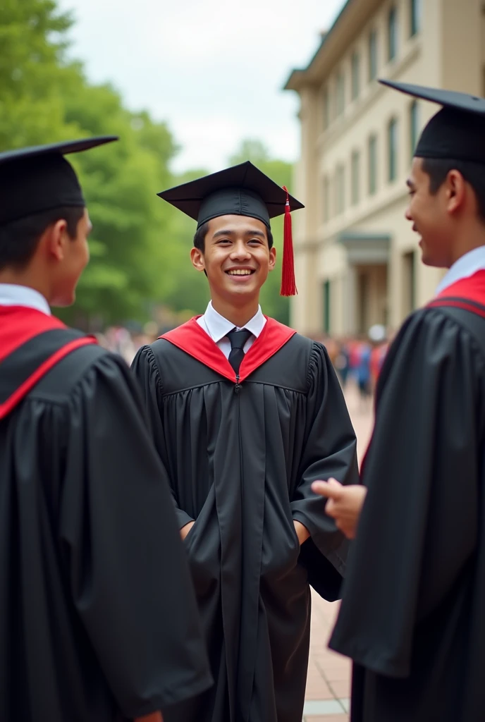 I want a picture of a Latino boy in his youth with straight dark brown hair, wearing a graduation gown. He is at a university graduating talking to other guys around.