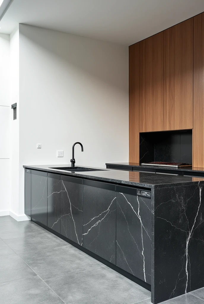 Gourmet area with ice white wall, gray porcelain floor, countertop and sink in black marble, wall with wood cladding and barbecue on gray cladding