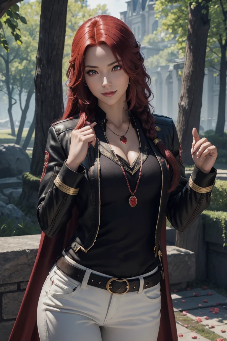 I want to be a powerful figure behind the scenes！,Iris Midgar,Red hair,long hair,Outside flip,with a single braid on one side only,Red eyes,Red Eyes,Beautiful white skin,Black and gold jacket,Black shirt,White long pants,Sapphire necklace,Photorealistic,Ultra HD,high quality,masterpiece,Digital SLR,Detailed details,Intricate details,Anatomical basis,Depicted in detail,A detailed face,Realistic skin texture,Vivid details,Perfect Anatomy,Perfect Anatomy,Anatomically correct hand,Anatomically correct fingers,Super Detail,Complex 3D rendering,The worldview of a fantasy with sexy poses,In the great outdoors,Petals of roses dance,Picturesque,Pink Lips,smile,