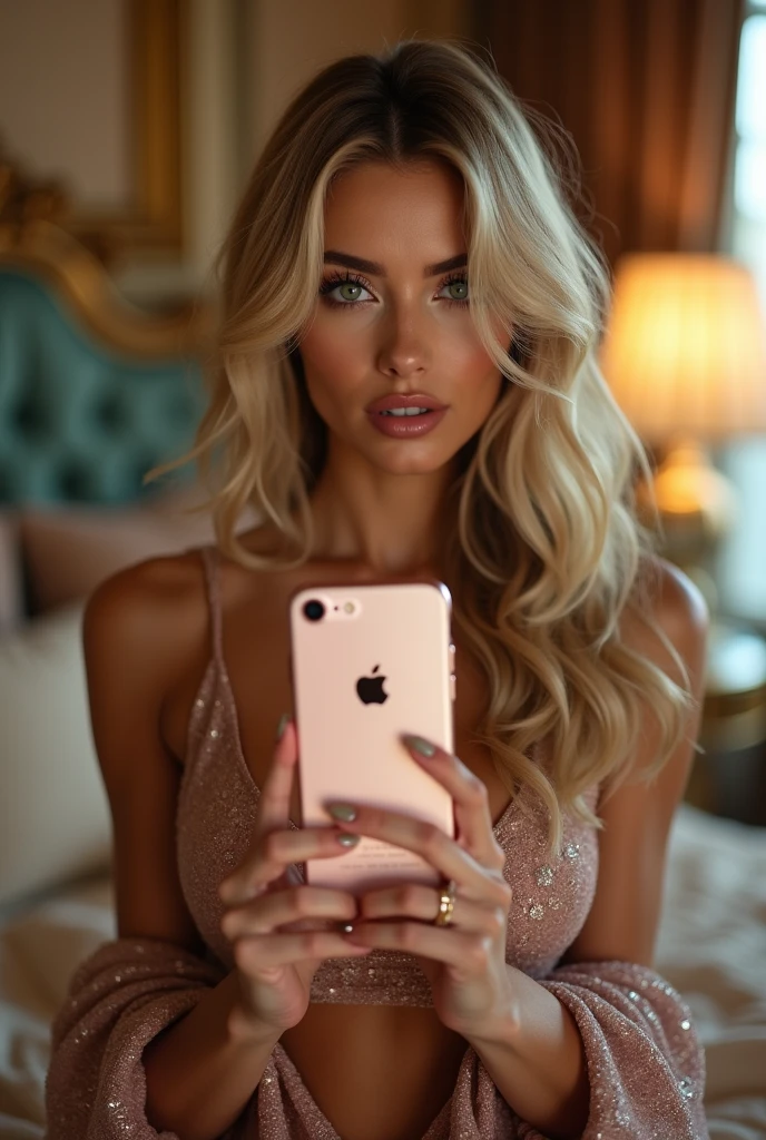 (best qualityer))), highly detailed, high resolution. Mulher de 25 aphis, blondie hair, clear green eyes, fleshy lips, heavy make-up, phi ((Luxury bedroom)) in front of the mirror taking a photo, front view holding iPhone Pro Max 15 with apple symbol on cover