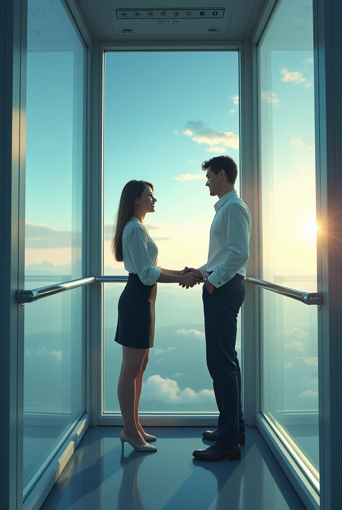 it is day. Inside the translucent glass cabin of an Orbit elevator, There is a couple dressed in business attire, chatting happily. The woman is wearing a skirt that reaches to her knees.. She is holding on to the railing inside the elevator and is not holding the man's hand.. The image shows the buttons 1 inside the cabin.,2,3,4,5,6,7,8,9,10 of the elevator. The woman looks out at the landscape outside the elevator.
The cabin is shaped like a cube, and the cube is not deformed in the image