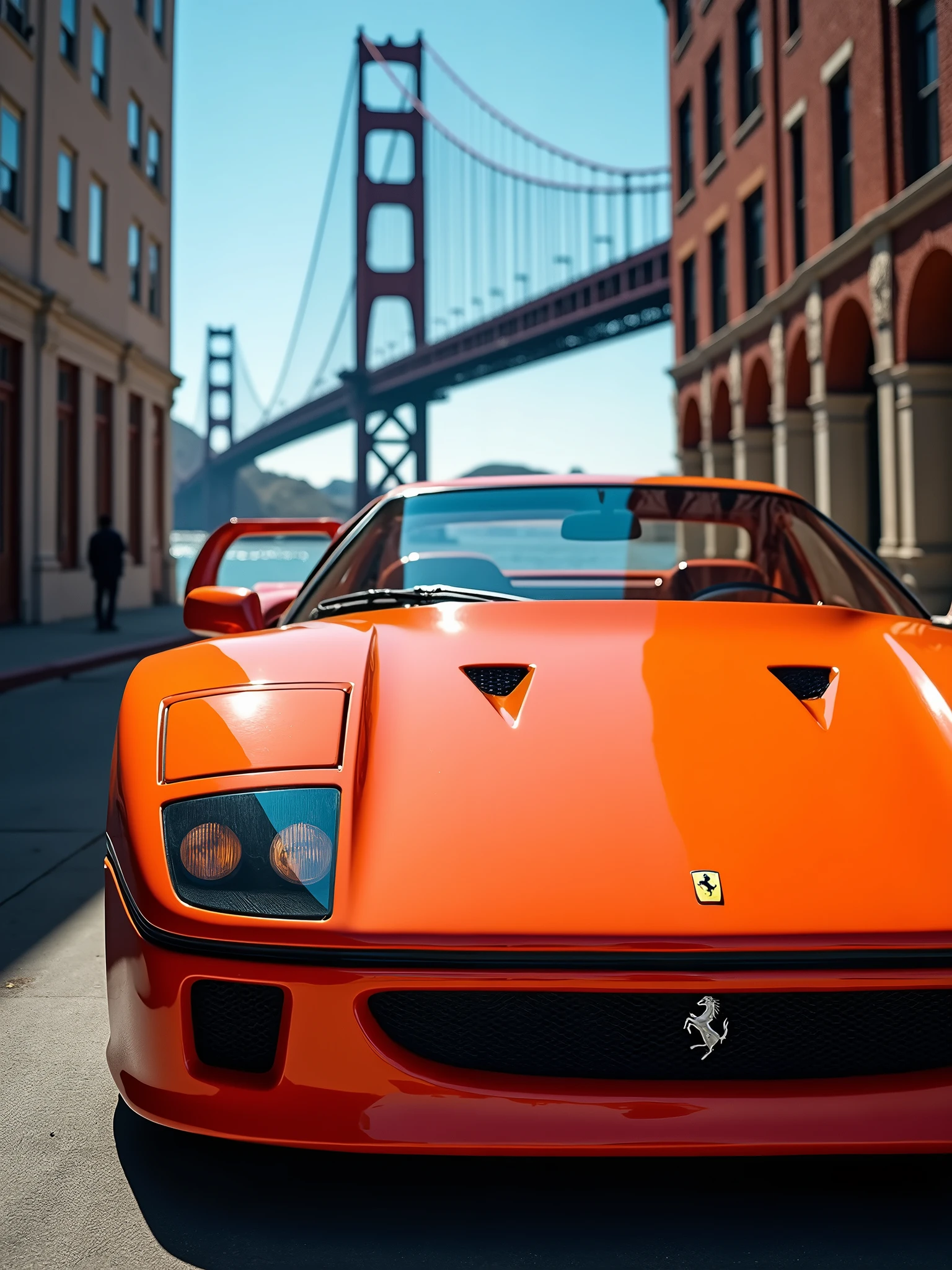 A close-up of an orange Ferrari F40 parked in front of the San Francisco Bridge near a bay area with a white and brown office, classic brick, clear lighting with a blue-gray sky and blue and orange lighting, photo, cinematic, vibrant