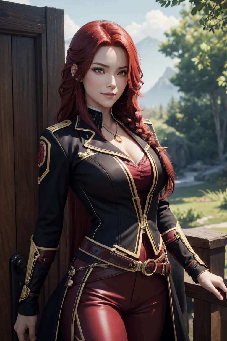 I want to be a powerful figure behind the scenes！,Iris Midgar,Red hair,long hair,Outside flip,with a single braid on one side only,Red eyes,Red Eyes,Beautiful white skin,Black and gold jacket,Black shirt,White long pants,Sapphire necklace,Photorealistic,Ultra HD,high quality,masterpiece,Digital SLR,Detailed details,Intricate details,Anatomical basis,Depicted in detail,A detailed face,Realistic skin texture,Vivid details,Perfect Anatomy,Perfect Anatomy,Anatomically correct hand,Anatomically correct fingers,Super Detail,Complex 3D rendering,The worldview of a fantasy with sexy poses,In the great outdoors,Petals of roses dance,Picturesque,Pink Lips,smile,