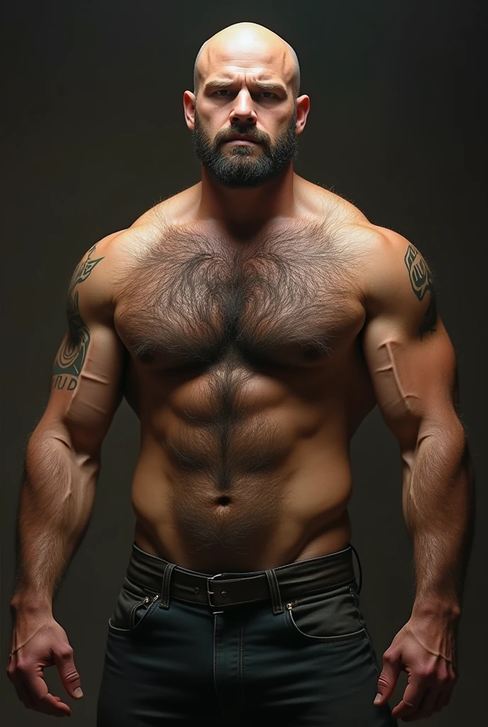 A man with dark thick chest hair. Masculine and butch. Balding and with stubble but no beard. Shirtless and very hairy
