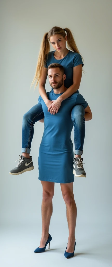 A photograph of a teenage, strong woman with long, blonde hair in pig tails, wearing a fitted, casual blue dress with high heels. She is confidently holding a man on her shoulders, his legs dangling as he appears relaxed and comfortable. The man has a beard and is dressed casually in jeans and a blue shirt. The background is a plain, light-colored studio setting with soft, even lighting that highlights the subjects without any harsh shadows.