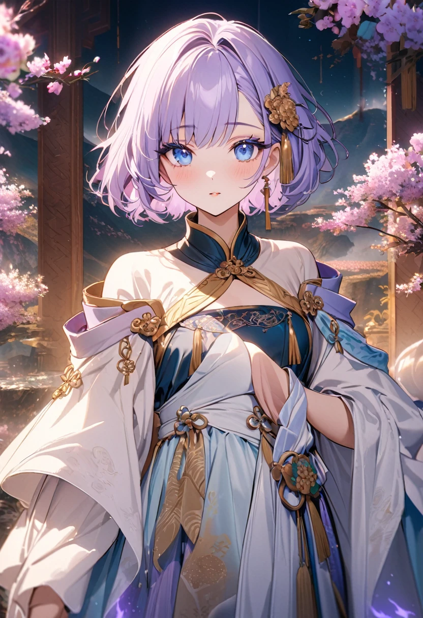 ((best quality)), ((Masterpiece)), (details), Young woman,( light purple hair, blue eyes, ((short hair)) , beautiful face, Beautiful skin, Long eyelashes, Thick eyelashes), Hanfu ancient clothes，ancient China, hair accessories, Gold hairpins,(Fashion Design Assistant), fantasy landscape, vibrant colors, soft lighting, whimsical atmosphere, blooming flowers, flowing dress, delicate details, ethereal background, dreamy aura, (โฟกัสใบหน้า)