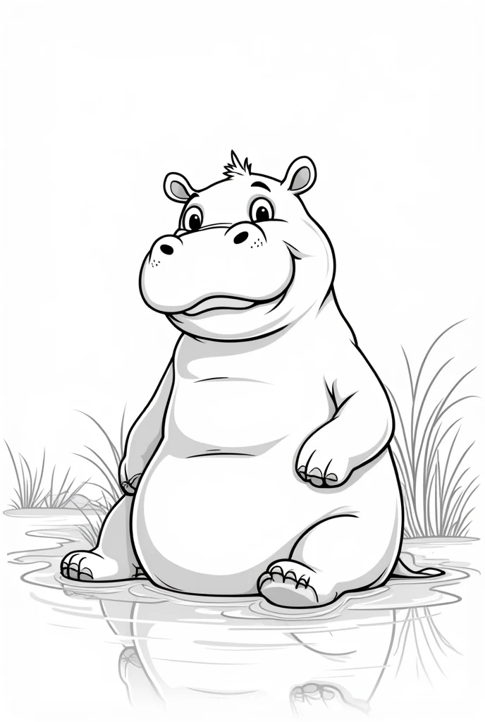 a cute hippo sitting in the water line art, cartoon character, 3d style, high-quality, coloring book, hand draw, lineart, coloring page