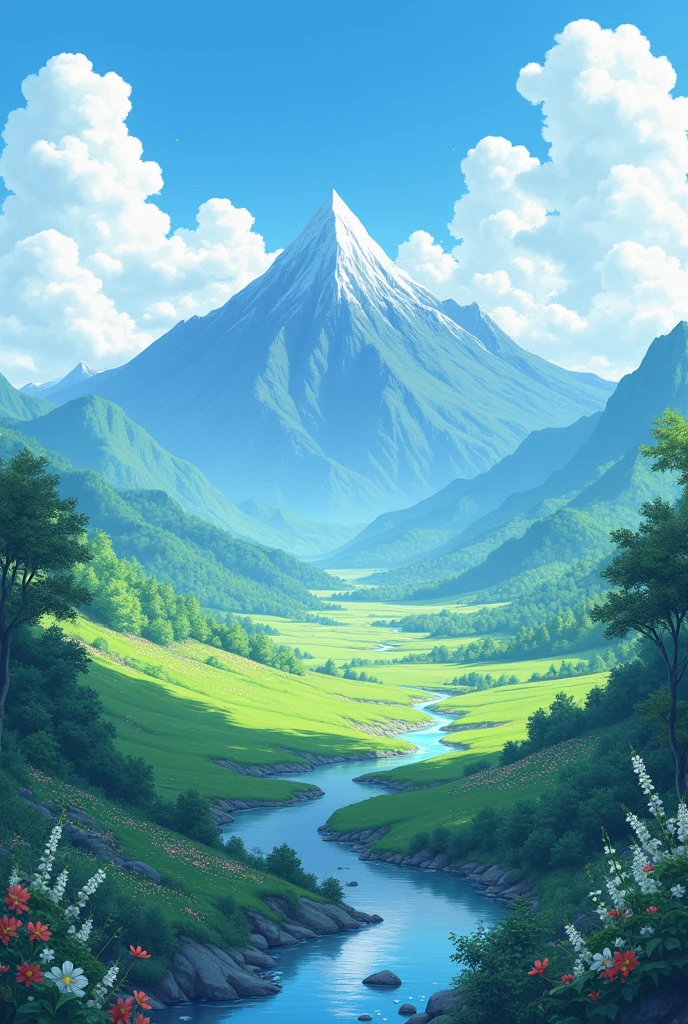 paisaje, anime styling, hinterland, with mountains and clouds in the background.  