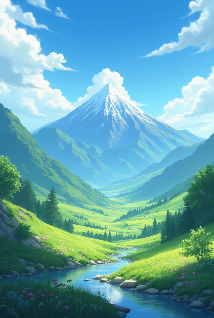 paisaje, anime styling, hinterland, with mountains and clouds in the background.