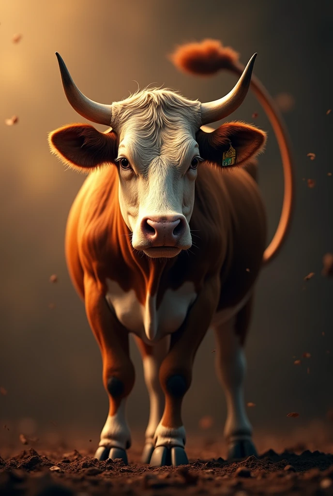 a cow with a long brown tail raised at the end, extremely detailed, hyper realistic, 8k, 4k, high resolution, detailed eyes, detailed nose, detailed mouth, intricate details, realistic, photorealistic, depth of field, studio lighting, cinematic lighting, dramatic lighting, warm colors, golden hour lighting, vibrant colors