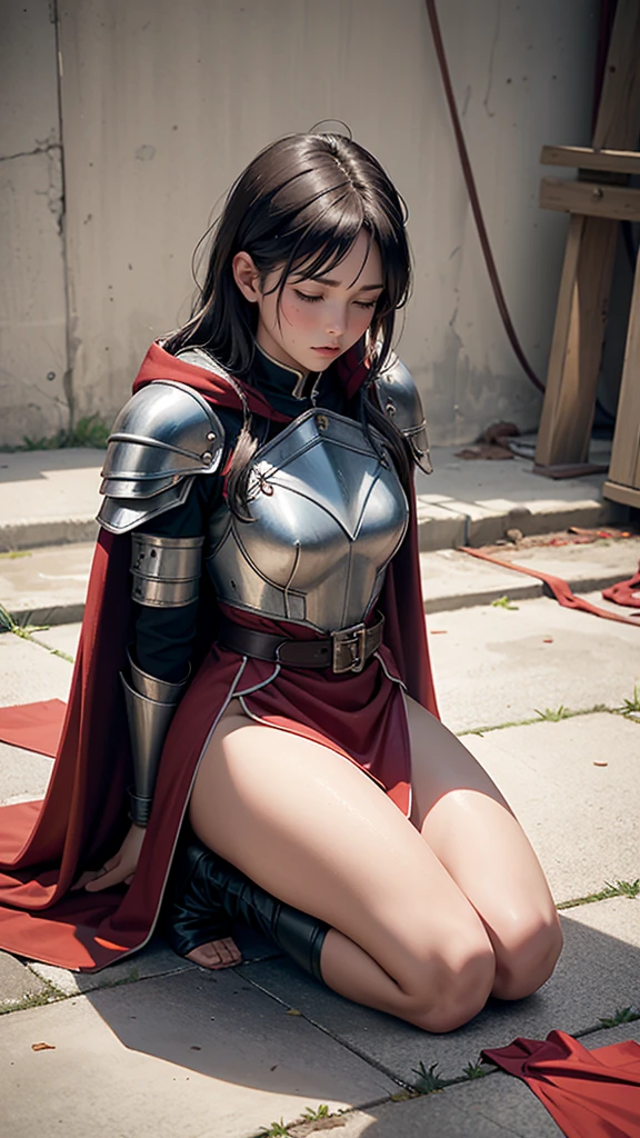 Reality, high resolution, Soft lighting, 1 Woman, Solitary, Kneeling on the ground,With eyes closed，There is a rope tied to the body，Painful expression， Wearing tattered armor，Tattered red cloak，Expose most of the body，Show your thighs，Revealing the Broken Breastplate，Stain，Blood，Messy hair