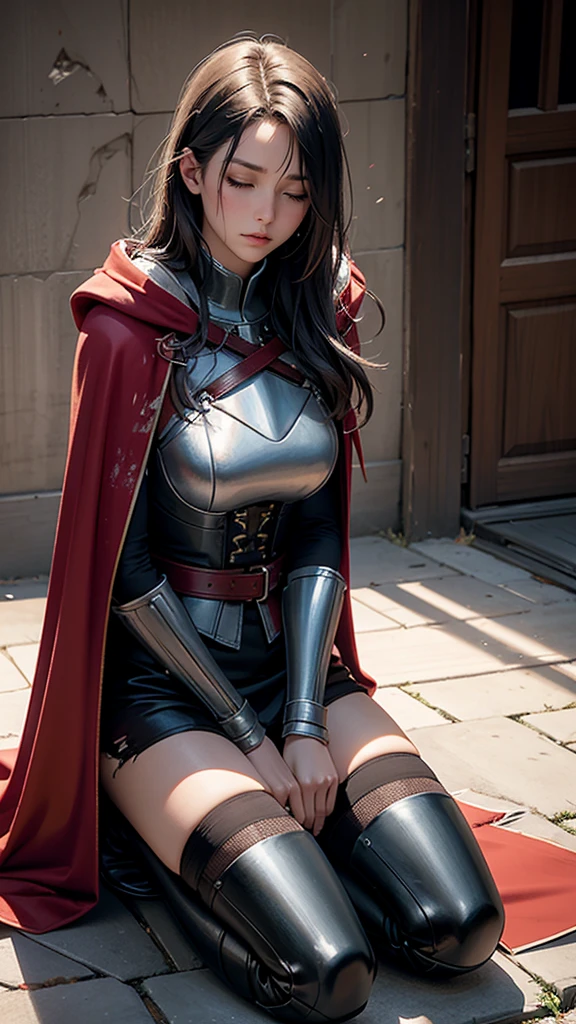 Reality, high resolution, Soft lighting, 1 Woman, Solitary, Kneeling on the ground,With eyes closed，There is a rope tied to the body，Painful expression， Wearing tattered armor，Tattered red cloak，Expose most of the body，Show your thighs，Revealing the Broken Breastplate，Stain，Blood，Messy hair