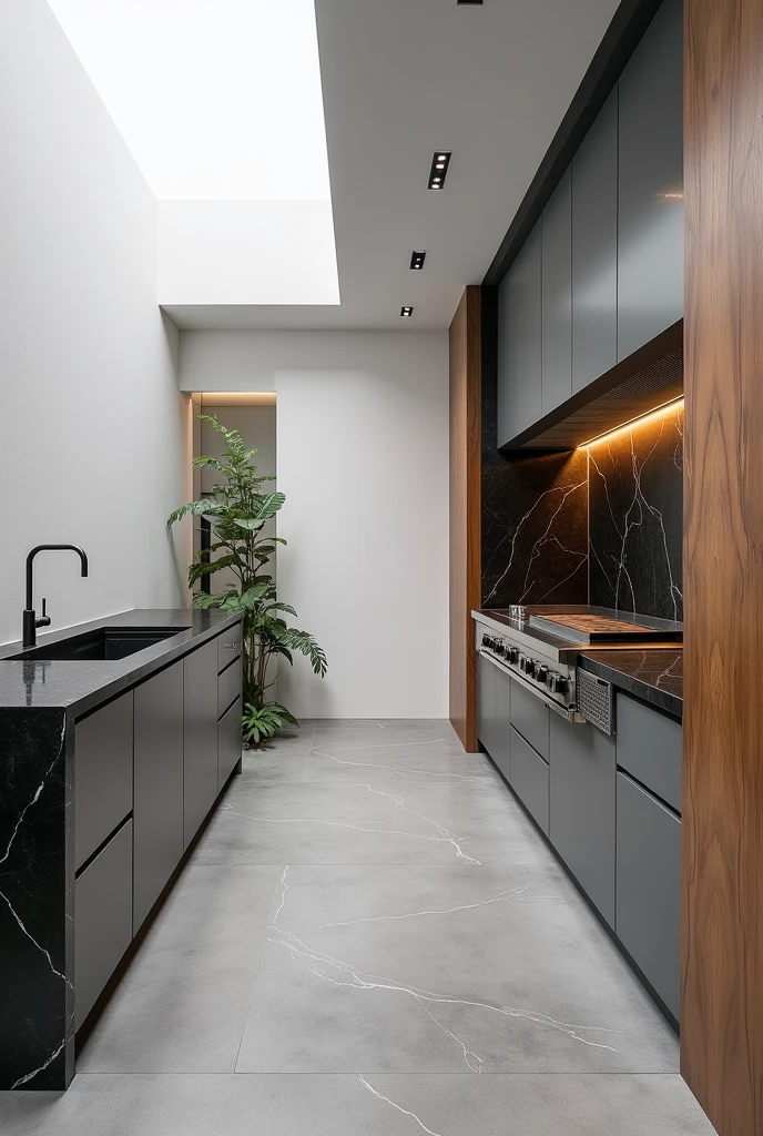 Gourmet area with ice white wall, gray porcelain floor, countertop and sink in black marble, wall with wood cladding and barbecue on gray cladding
