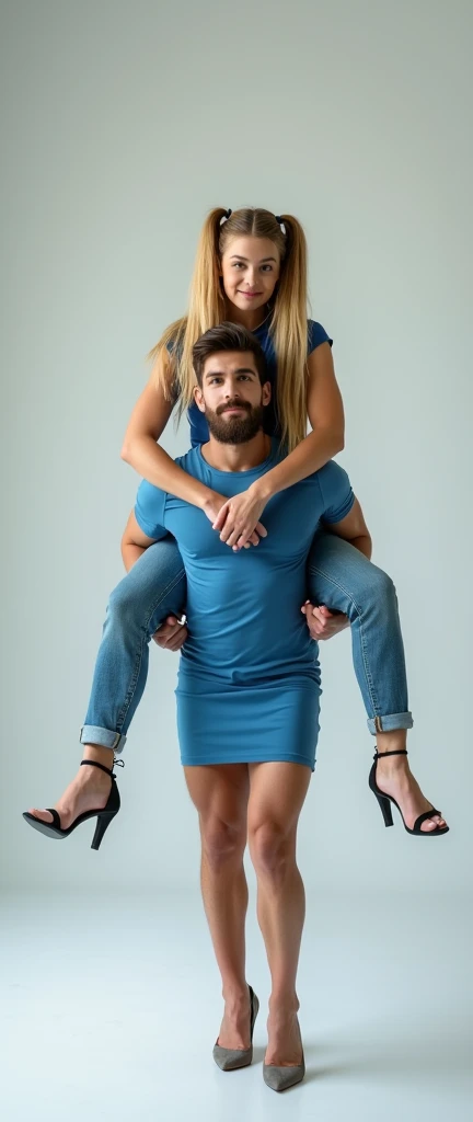 A photograph of a teenage, strong woman with long, blonde hair in pig tails, wearing a fitted, casual blue dress with high heels. She is confidently holding a man on her shoulders, his legs dangling as he appears relaxed and comfortable. The man has a beard and is dressed casually in jeans and a blue shirt. The background is a plain, light-colored studio setting with soft, even lighting that highlights the subjects without any harsh shadows.