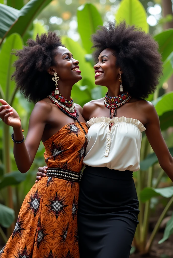 créer A stunninge image d'A stunning , her name is Atabey. afro haïtienne, frizzy hair with beads, collars, ankh earrings,habits traditionnels cousin zaka en bleu indigo. She walks in the very colorful botanical garden of Martissant, Haiti, with his friend Jesula, afro haïtienne, cheveux crépus avec A stunning barrette coloré bien habillé, jupe noire droite, white bodice with ruffles at the collar. Atabey très joueuse, Jesula souriant. Sachant que Atabey vodouisante et Jesula protestante. Title of the book "choc culturel " A stunninge image digne de ce livre . They are dancing. Une regarde vers le ciel et l autre les bras ouverts en train de se tourner