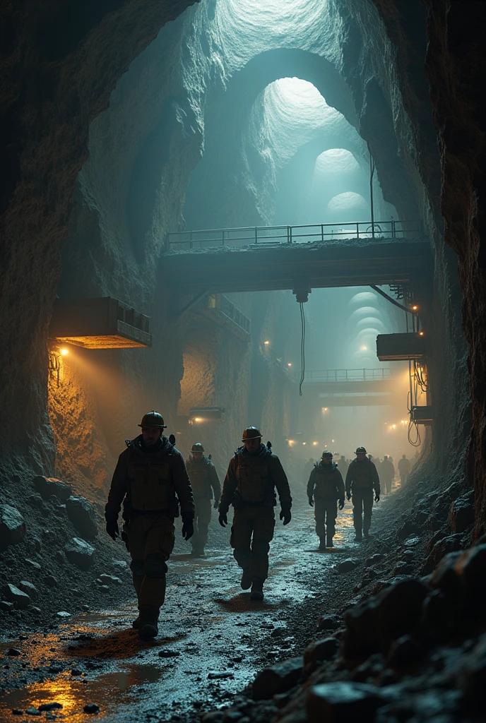 underground mining and men walking, In HORIZONTAL format
