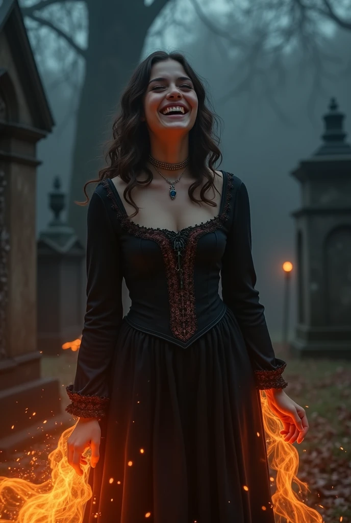 Woman in black medieval dress
, Youngh, laughing in the cemetery with fire dress around at night