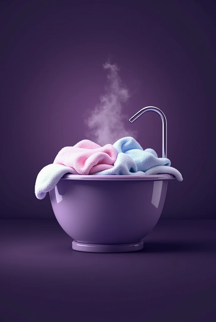 creation d'un logo avec le nom de excellente désinfectant avec l'image des vêtements dans une cuvette de fond mauve foncé