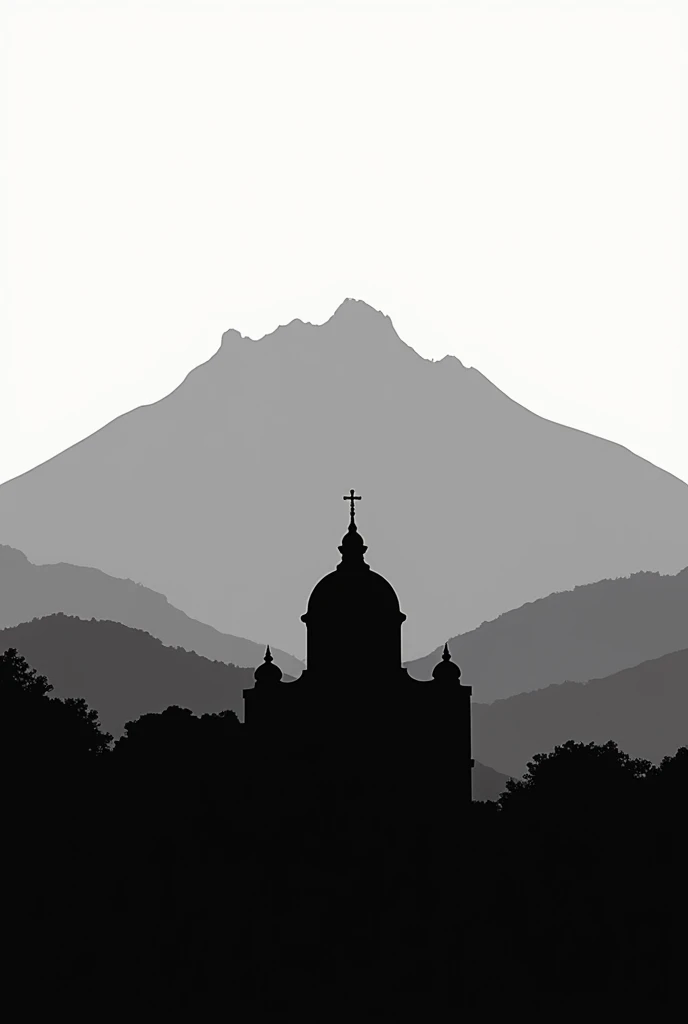 Put only the outline of the hill of Zempoala or Zempoaltepetl hill with 20 peaks that is located in Huauchinango Puebla, look for the reference and in front of it the outline of the church that has the third largest dome above the cross that is in Huauchinango Puebla black and white
