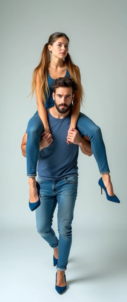 A photograph of a teenage, strong woman with long, blonde hair in pig tails, wearing a fitted, casual blue dress with high heels. She is confidently holding a man on her shoulders, his legs dangling as he appears relaxed and comfortable. The man has a beard and is dressed casually in jeans and a blue shirt. The background is a plain, light-colored studio setting with soft, even lighting that highlights the subjects without any harsh shadows.