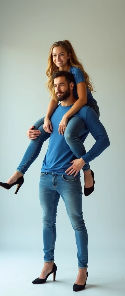 A photograph of a teenage, strong woman with long, blonde hair in pig tails, wearing a fitted, casual blue dress with high heels. She is confidently holding a man on her shoulders, his legs dangling as he appears relaxed and comfortable. The man has a beard and is dressed casually in jeans and a blue shirt. The background is a plain, light-colored studio setting with soft, even lighting that highlights the subjects without any harsh shadows.