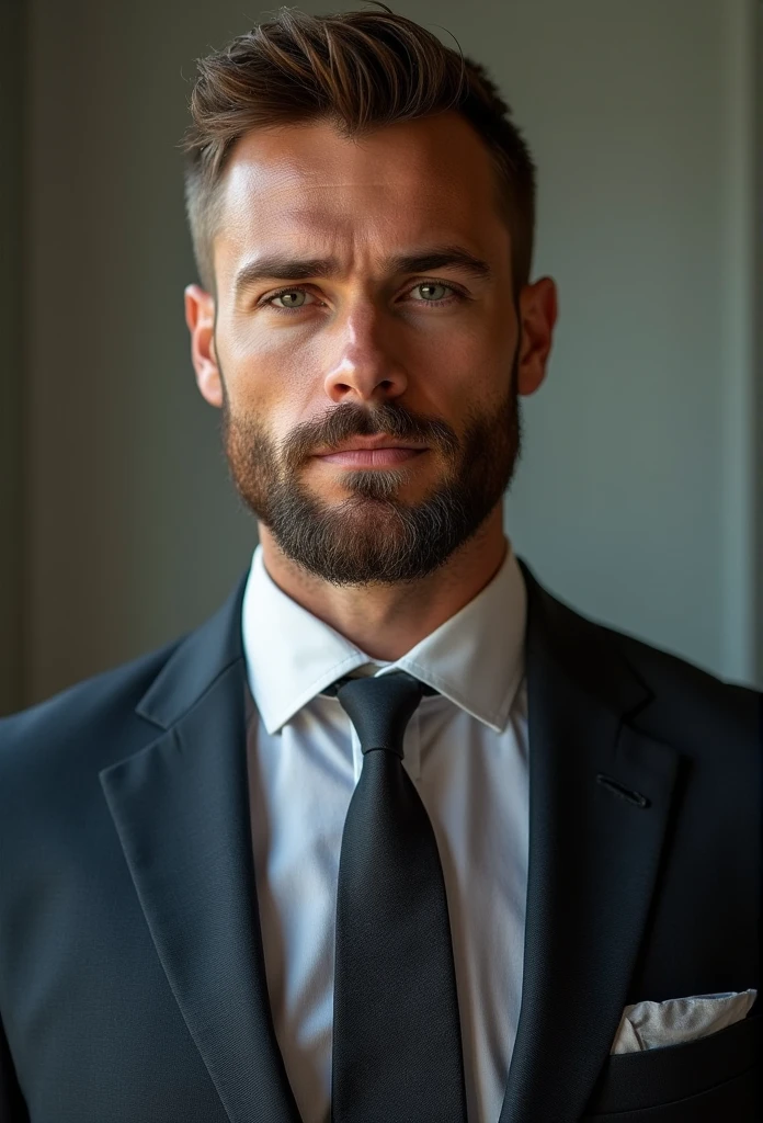 Athletic man, Very beauthful, 3, with short brown hair and 3 day beard, cheap suit
