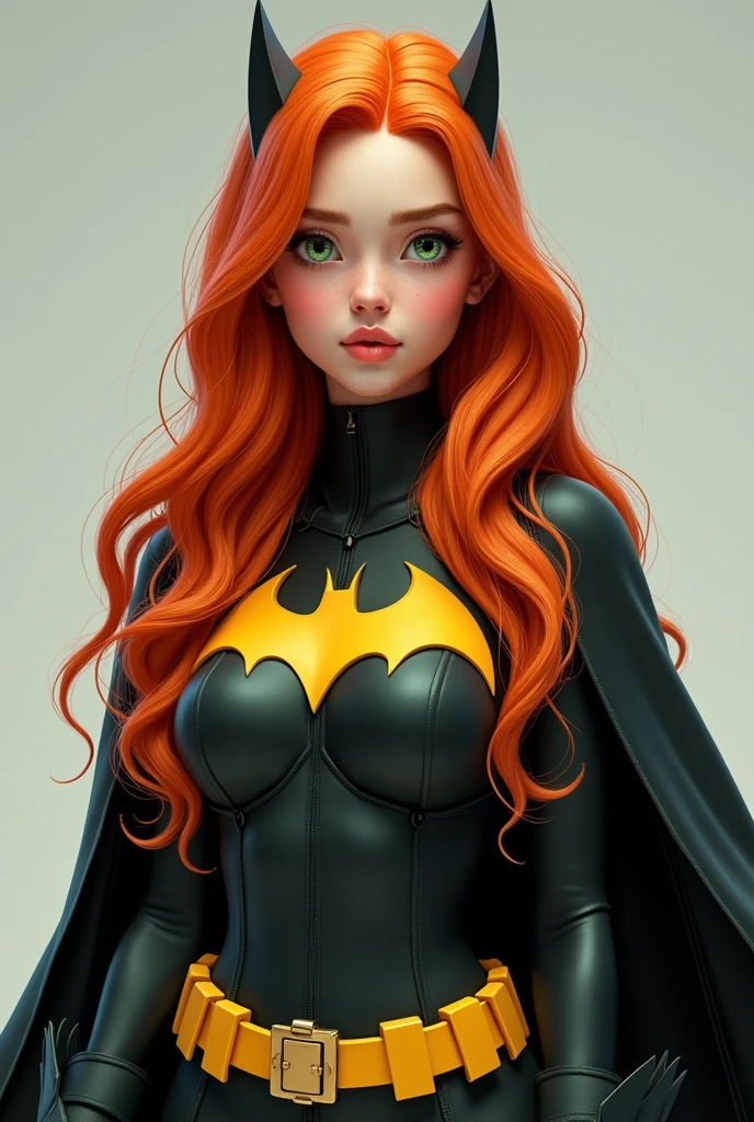 FULL BODY. A TEEN FEMALE WITH A HOT BODY, LONG ORANGE HAIR AND GREEN EYES WEARING A COMPLETE BATGIRL COSTUME AND CAPE. ABSURD 8K RESOLUTION, INCREDIBLY DETAILED SKIN AND EYES.