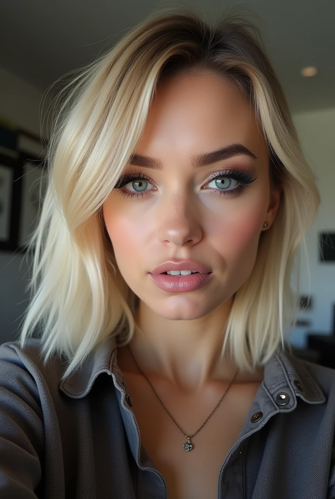 Selfie, Wink, süße Babyface-woman, attractive and seductive expression, Shy, blonde straight hair, forehead, the picture, blue eyes, Excellent body proportions, with Tätowierungen bedeckt, wears loosely knitted shirt, tight-fitting leather trousers, highheel stiefel bob hair with lots of blonde strands, pointed nose, bleached blonde bob hair, 4, lifted face, Nose for Plastic Surgery, Vampir-Lifting, Pores on the cheeks, broad nasal bone, Eye wrinkles, small laugh lines, Hautpo, Pointed cheekbones, HIGH CHEEKBONE, Almond eyes, Schmale Almond eyes, Smokey Eyes Make-up, Vamp Make-up, Subscribe to something, brownish skin, Surgical lips, detailed face details (freckles, folds, Hautpo) Full body image of (woman, stand, with, Arms crossed,little smile), (Detailliertes Realistses Gesicht), (((Hyperdetailed))), symmetrical face, detailed students, expressive make-up, Real photography, modern look, Real photography (Realists:1.5); She wears various Sexy colorful dresses, Bold dark eye makeup Vamp Mascara, long black dark eyelashes, sitting in the living room, Show hips, Confident Pose, dominant woman , black eyeshadow, spectacular show make-up, Image grain, pixel grain, high contrast, Hips posing, Sexy hips, Full body shot, long legs, sexy legs, large , large , busty, She presents her body cheekily, provocative for the viewer, Sexy attitude, pussy:1.9, vagina:1.9, clitoris:1.9, (small pussy:1.5), (modern office background:1.3)、Golden blonde long hair、(High Heels), (Seductive pose:1.2) professional photo, HDR, Natural light, (Anti-aliasing:1.2), elegant, Soft, diffuse light, Realistssch proportions, limited range, Contre-Jour, Accent Lighting, (Neutral Colors:1.3), (Cough:1.7), cinematic lighting, coherent light, coherent shadows, depth of field, 35mm Photography, epicPhoto, ((naughty slut:1.5)) ((Whore in tight skirt:1