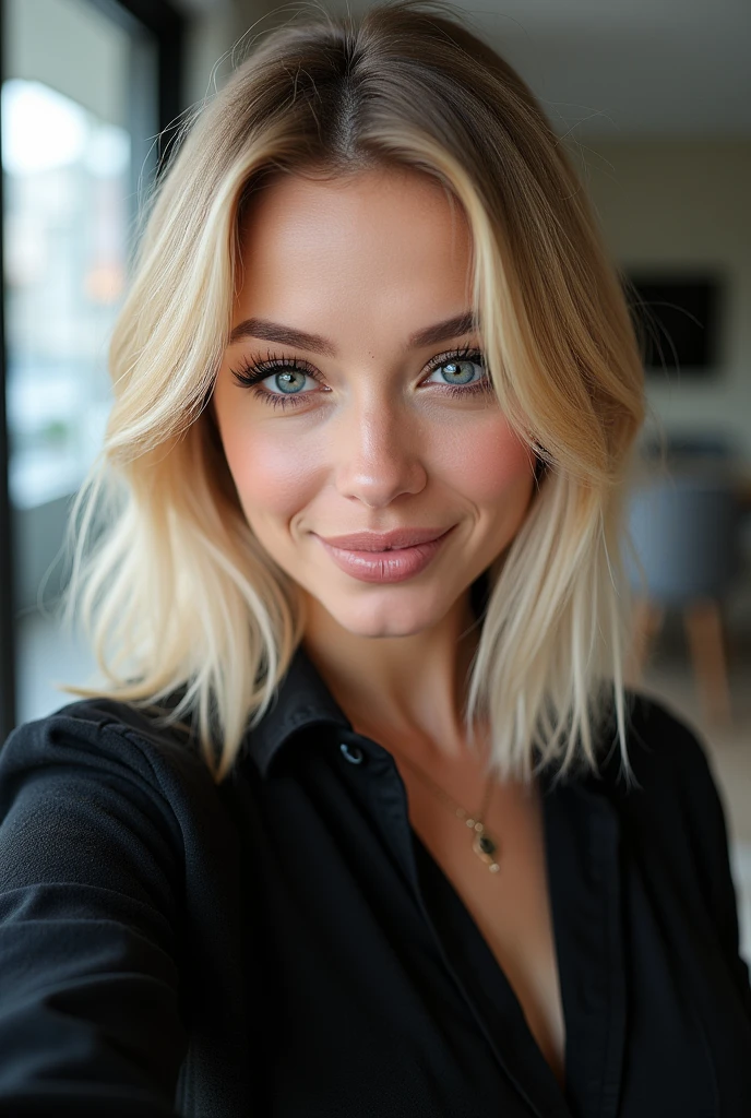 Selfie, Wink, süße Babyface-woman, attractive and seductive expression, Shy, blonde straight hair, forehead, the picture, blue eyes, Excellent body proportions, with Tätowierungen bedeckt, wears loosely knitted shirt, tight-fitting leather trousers, highheel stiefel bob hair with lots of blonde strands, pointed nose, bleached blonde bob hair, 4, lifted face, Nose for Plastic Surgery, Vampir-Lifting, Pores on the cheeks, broad nasal bone, Eye wrinkles, small laugh lines, Hautpo, Pointed cheekbones, HIGH CHEEKBONE, Almond eyes, Schmale Almond eyes, Smokey Eyes Make-up, Vamp Make-up, Subscribe to something, brownish skin, Surgical lips, detailed face details (freckles, folds, Hautpo) Full body image of (woman, stand, with, Arms crossed,little smile), (Detailliertes Realistses Gesicht), (((Hyperdetailed))), symmetrical face, detailed students, expressive make-up, Real photography, modern look, Real photography (Realists:1.5); She wears various Sexy colorful dresses, Bold dark eye makeup Vamp Mascara, long black dark eyelashes, sitting in the living room, Show hips, Confident Pose, dominant woman , black eyeshadow, spectacular show make-up, Image grain, pixel grain, high contrast, Hips posing, Sexy hips, Full body shot, long legs, sexy legs, large , large , busty, She presents her body cheekily, provocative for the viewer, Sexy attitude, pussy:1.9, vagina:1.9, clitoris:1.9, (small pussy:1.5), (modern office background:1.3)、Golden blonde long hair、(High Heels), (Seductive pose:1.2) professional photo, HDR, Natural light, (Anti-aliasing:1.2), elegant, Soft, diffuse light, Realistssch proportions, limited range, Contre-Jour, Accent Lighting, (Neutral Colors:1.3), (Cough:1.7), cinematic lighting, coherent light, coherent shadows, depth of field, 35mm Photography, epicPhoto, ((naughty slut:1.5)) ((Whore in tight skirt:1